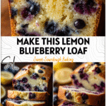 A golden loaf of Sourdough Lemon Blueberry Bread sliced to show its tender crumb and bursting berries.